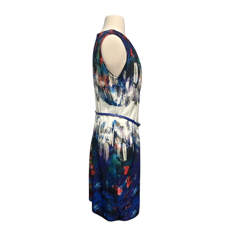 Joseph Ribkoff Watercolor Blue Red Abstract Sleeveless Sheath Dress With Belt - Picture 3 of 11